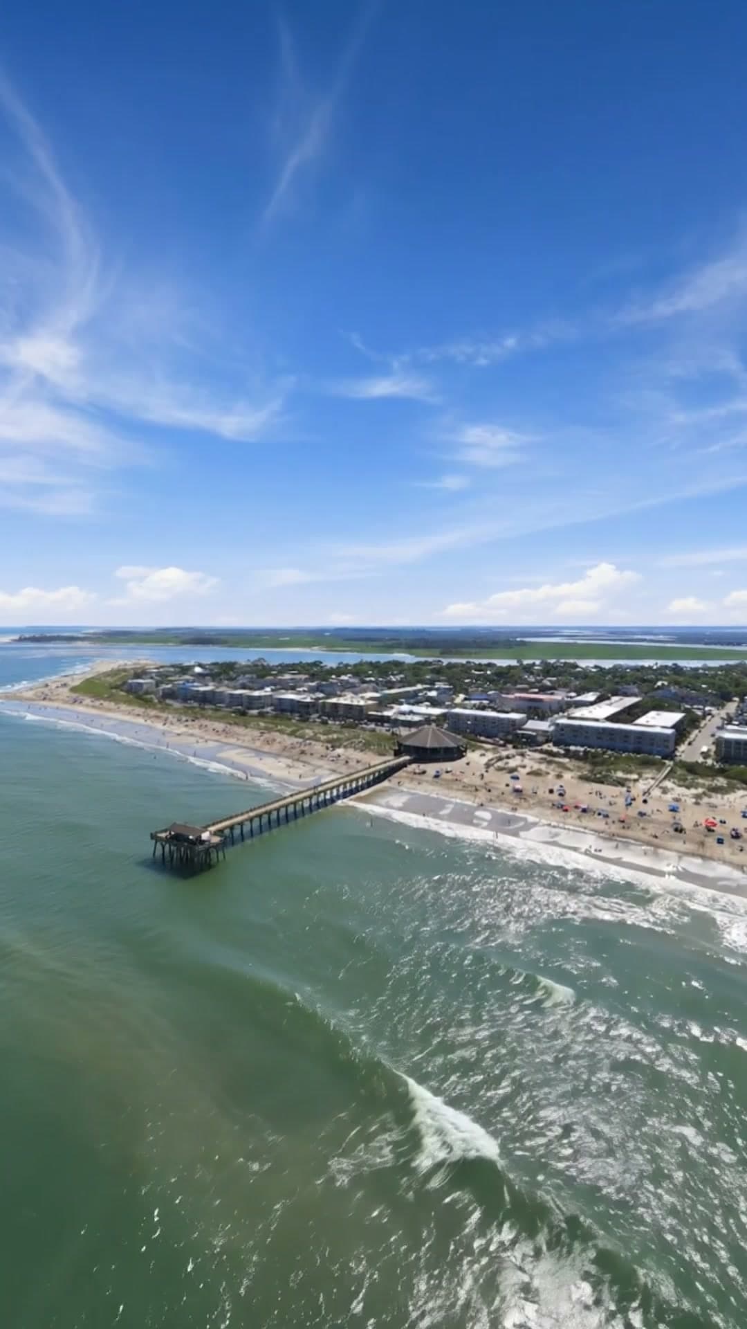Aerial view of the Tybee Island pier and shoreline